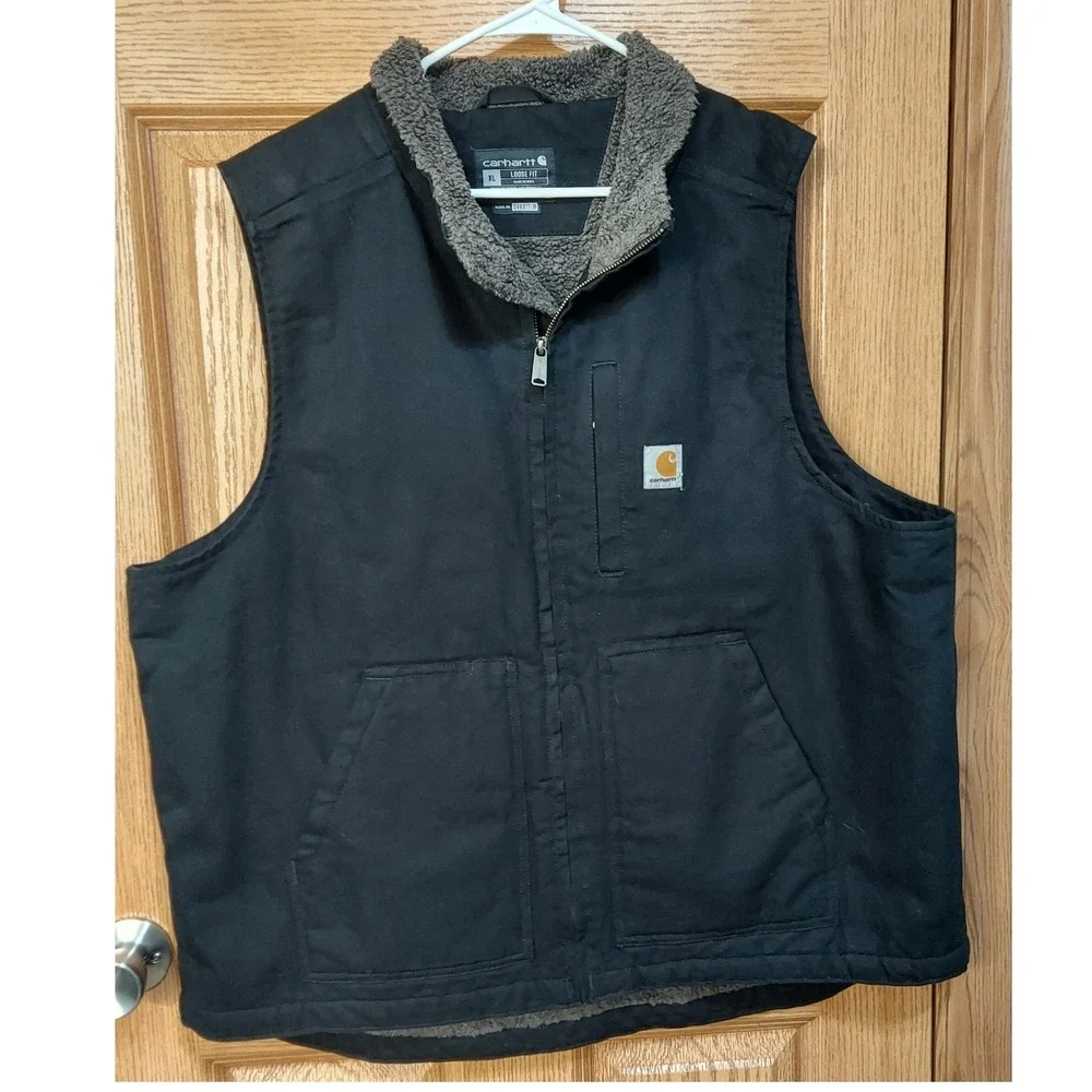 Carhartt Mens XL Loose Fit Sherpa Lined Mock Neck Vest Black Cotton OV4277-M